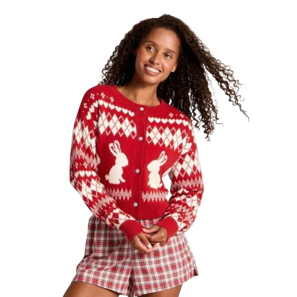 Wild Fable Women's Red Bunny Argyle Rhinestone Button‎ Cardigan Sweater Size XXS